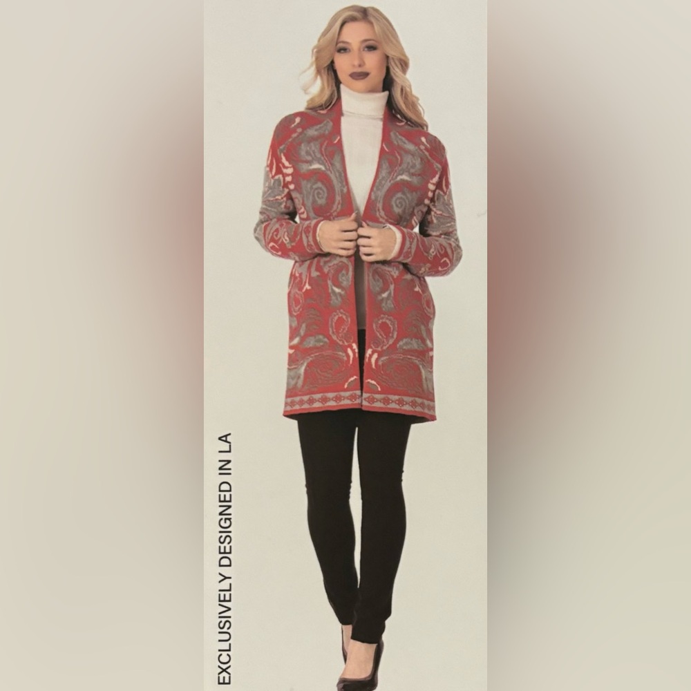 Maxsport Women’s Long Open Cardigan Duster Sweater Red Grey Large New with Tags